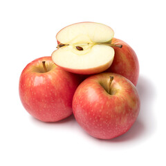 Whole and halved Pink Lady apples isolated isolated on white background