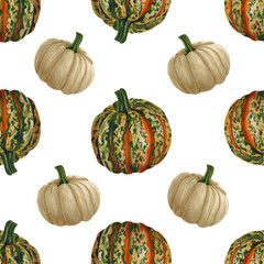 Watercolor striped and white pumpkins seamless pattern.