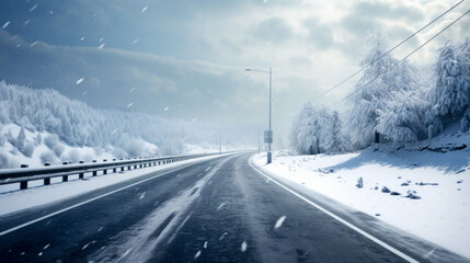 The roadway runs through a valley covered in snow, with snowdrifts flanking the edges of the road