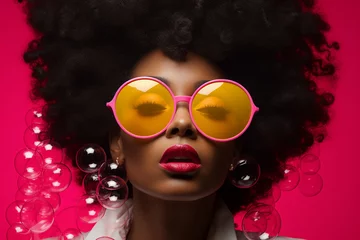 Türaufkleber Fashion, make-up, style concept. Beautiful afro woman with soap bubbles and sunglasses minimalist close-up studio portrait. Vivid colors, pop-art style © Rytis