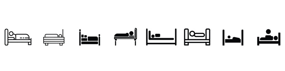 sleeping icon, hotel icon, bed icon, Man in a hospital bed, linear icon. A sick person in the hospital. Bed rest, Relax linear icon.  - obrazy, fototapety, plakaty