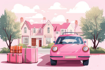 Pink car with suitcases and belongings, moving to another accommodation, moving out of a student's home or traveling concept, illustration
