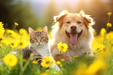 A cute couple of furry friends little cat and a mischievous little dog, are playing together in the garden on a beautiful sunny day, Friendship of pet concept. - obrazy, fototapety, plakaty