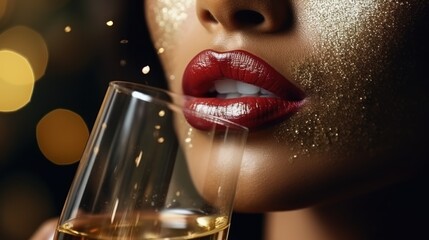glamour portrait of a beautiful girl with a glass of tasty champagne at new year's party closeup - Powered by Adobe