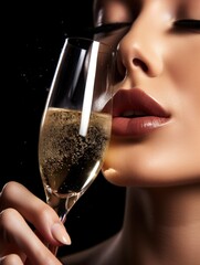 glamour portrait of a beautiful girl with a glass of tasty champagne at new year's party closeup