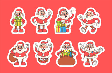 Set of Stickers Retro-style Santa Claus Characters with Colorful Gifts, Exude Timeless Holiday Charm, Patches Bundle