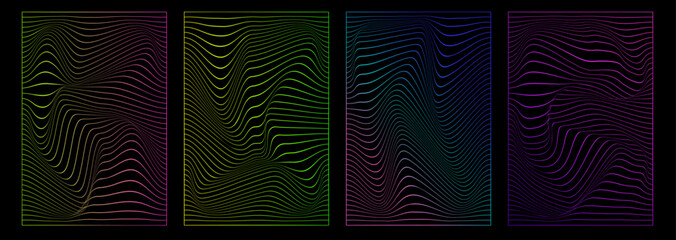 Set of distorted vertical neon grid pattern.  Trendy retro 1980s, 2000s style. Abstract posters. Cyberpunk elements in trendy psychedelic rave style. - obrazy, fototapety, plakaty