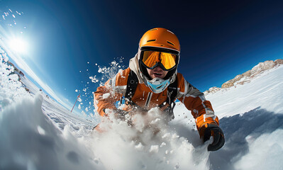 A snowboarder in vibrant orange gear carves through fresh snow with dynamic speed against a clear blue sky on a bright winter day.
