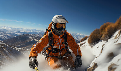 A skier in orange gear carves through fresh snow with ski poles in hand, surrounded by a breathtaking mountainous panorama. - obrazy, fototapety, plakaty