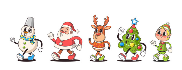 Obraz na płótnie Canvas Retro-style Christmas Characters Feature Vibrant Colors, Classic Attire, And Timeless Charm. Jolly Santa, Reindeer, Tree