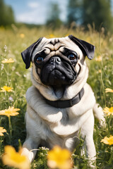 Fototapeta premium Pug lies in a flower meadow on a sunny day