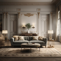 photo shot in Detail shot, classical living room, 3d render. AI generated