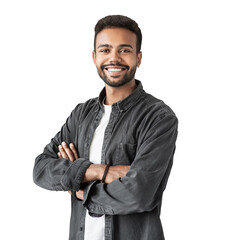 Portrait of handsome smiling young man with folded arms isolated transparent PNG, Joyful cheerful casual businessman with crossed hands studio shot - 673958995