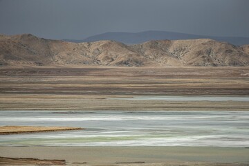 Stunning landscape in the Ali region of Tibet, with majestic mountains and a tranquil blue lake