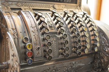 Antique cash register. Cash register from the 19th century. Antiquity and vintage