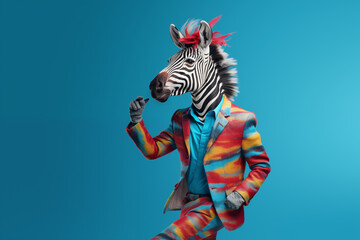 Fototapeta na wymiar Zebra wearing colorful clothes with dancing on blue studio background.