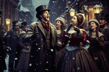 A group of carolers dressed in Victorian-era attire, singing on a snow-covered street, evoking the nostalgia of bygone Christmas traditions.