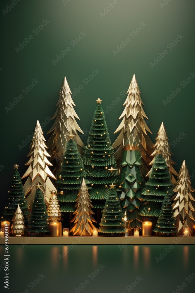 Wall mural christmas tree banner. xmas horizontal luxury gold green illustration. merry christmas banner backgr