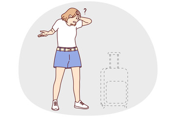 Stressed young woman frustrated with baggage loss in airport. Unhappy distressed female confused with lost suitcase. Vector illustration.