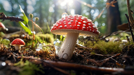 red mushroom in the forest - obrazy, fototapety, plakaty