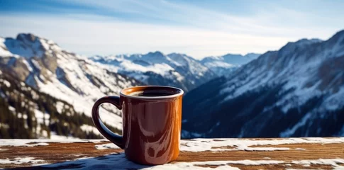 Foto op Plexiglas cup of coffee, mountain background  © anatolii