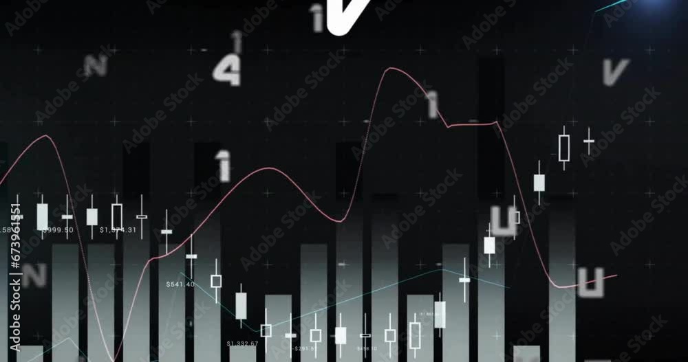 Poster animation of changing numbers and letters with graph over black background