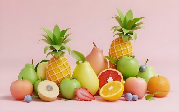3d render of fruits, colorful healthy food ai generative