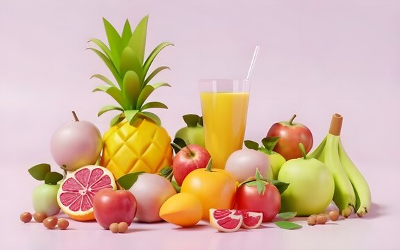 3d render of fruits, colorful healthy food ai generative