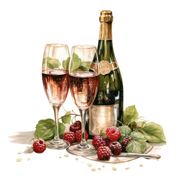 Champagne Wine Watercolor Clipart, Generative AI