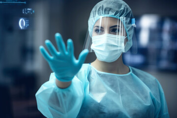 Medical professional interacts with advanced technology in a healthcare facility during a sterile procedure