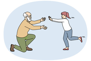 Overjoyed little girl child running to happy elderly grandfather. Smiling mature grandpa open arms welcome excited small granddaughter. Vector illustration.