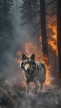 wolf on Fire: Witness to the Chaos of Climate Change.climate change concept, wildlife, global warming, destruction, extreme, crisis, flames, fire, dangerous.