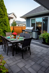 Relaxation area in the backyard of the villa, patio with grill, table and chairs for guests.