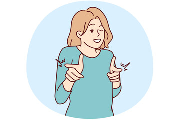 Smiling woman point at screen make choice. Happy female show with fingers at camera make I choose you gesture. Vector illustration.