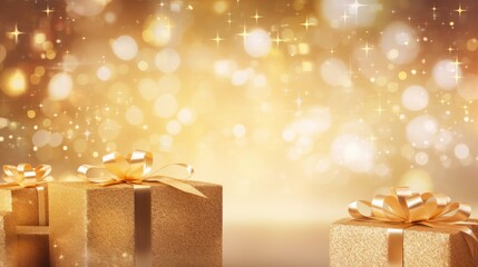 Golden Christmas Gift Boxes Background. Festive Golden Gifts Background.