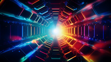 Dynamic abstract 3D tunnel with a futuristic neon glow and vibrant colors conveying motion and energy. - obrazy, fototapety, plakaty