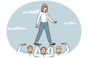 Successful businesswoman in crown walking on employees strive for business achievement. Female employer or boss use colleagues for work accomplishment. Vector illustration.