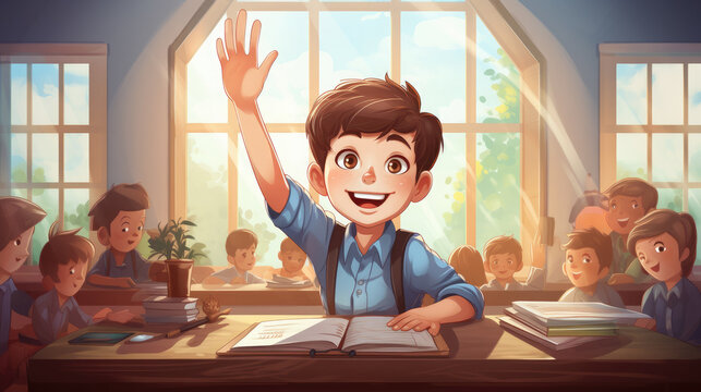 drawing of a student at a desk in a school class pulling his hand, child, smart kid, children, study, learning, classroom, knowledge, lesson, education, pupil, illustration, cartoon character, boy