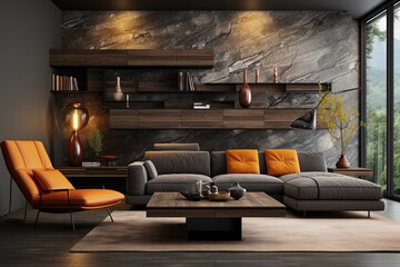 Against a shelving unit, there are sofa and chairs. Minimalist modern living room interior design