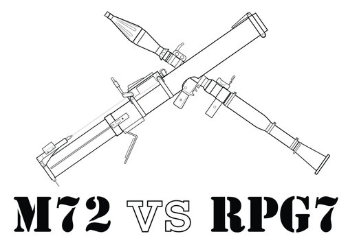 Vector illustration of crossed weapons, soviet anti-tank grenade launcher RPG-7 versus american LAW M72 BAZOOKA with subtitles.