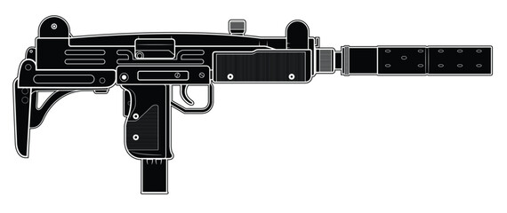 Vector illustration of the UZI israel machine gun with folded stock and silencer on the white background. Black. Right side.