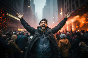 Fototapeta na wymiar A joyous man with arms raised celebrates amidst a festive crowd on a vibrant city street.