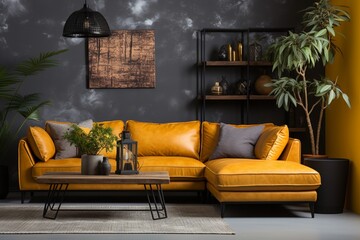 Against a terracotta stucco wall with copy space, there's a yellow leather corner sofa. Loft style home interior design of a modern living room