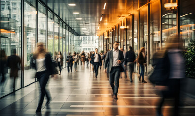 The Corporate Rush: Long Exposure of Fast-Moving Business Crowd in Bright Office Lobby