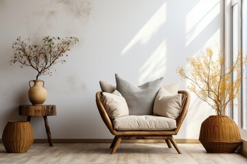Against a white wall with copy space, there's a wicker armchair on hardwood floor. Rustic interior design of a modern living room in a country house