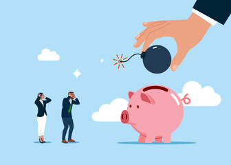 Big hand putting bomb a piggy bank. Business people in stock market panic, financial crisis forecast. Modern vector illustration in flat style