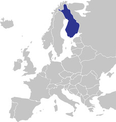 Blue CMYK national map of FINLAND inside simplified gray blank political map of European continent on transparent background using Mercator projection