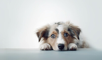  Portrait of a dog , Closeup portrait of funny, cute, happy dog, looking at the camera with mouth open isolated on colored background. Copy space. 