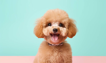  Portrait of a poodle dog , Closeup portrait of funny, cute, happy dog, looking at the camera with mouth open isolated on colored background. Copy space. 