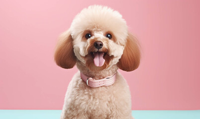  Portrait of a poodle dog , Closeup portrait of funny, cute, happy dog, looking at the camera with mouth open isolated on colored background. Copy space. 